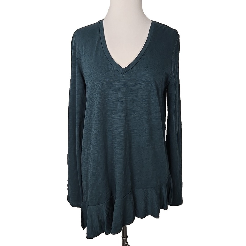 Lilla P Green V-neck Sublime Long Sleeve Ruffle Hem Asymmetrical Top Medium M